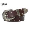 Durable Imitation Leather Belt 105cm Retro Rivet for Women, Adjustable Waist with Double Hot Girl Style Row Grommets & Carved Alloy Buckle, Edgy Jean
