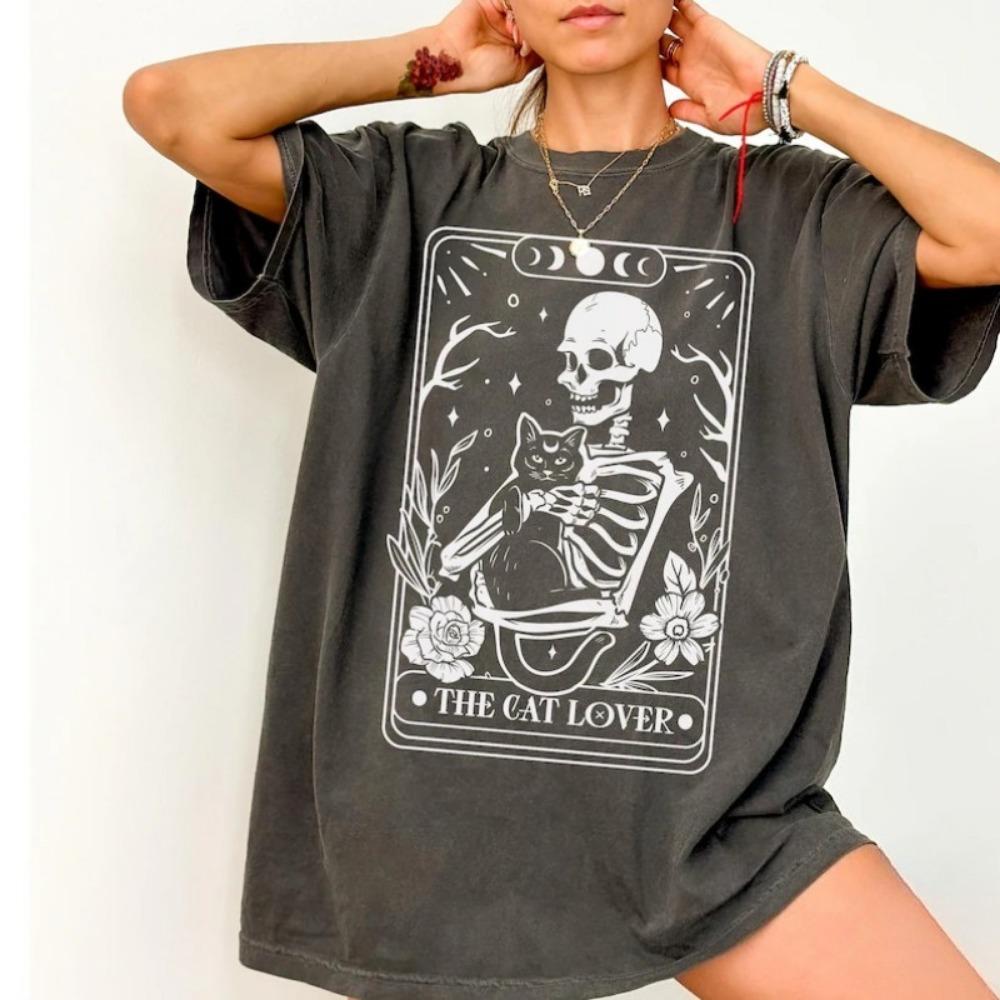 Women's Vintage Tarot Card Skeleton Cat The Lovers Print T-Shirt Men Oversized Tee Cotton Loose Top Short Sleeve