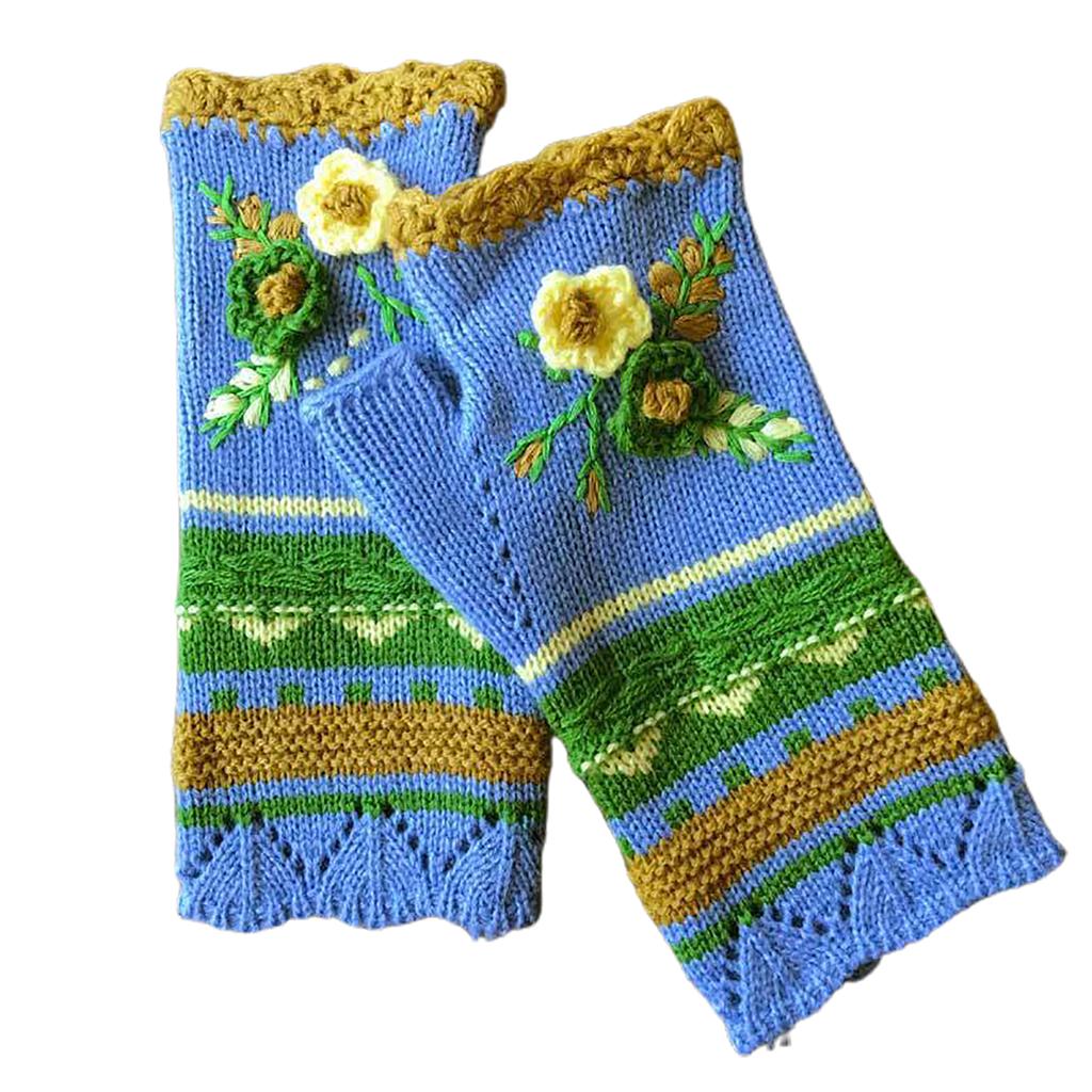 Stylish Half Finger Gloves for Women Knitted Winter Wrist Warmers with Floral Embroidery