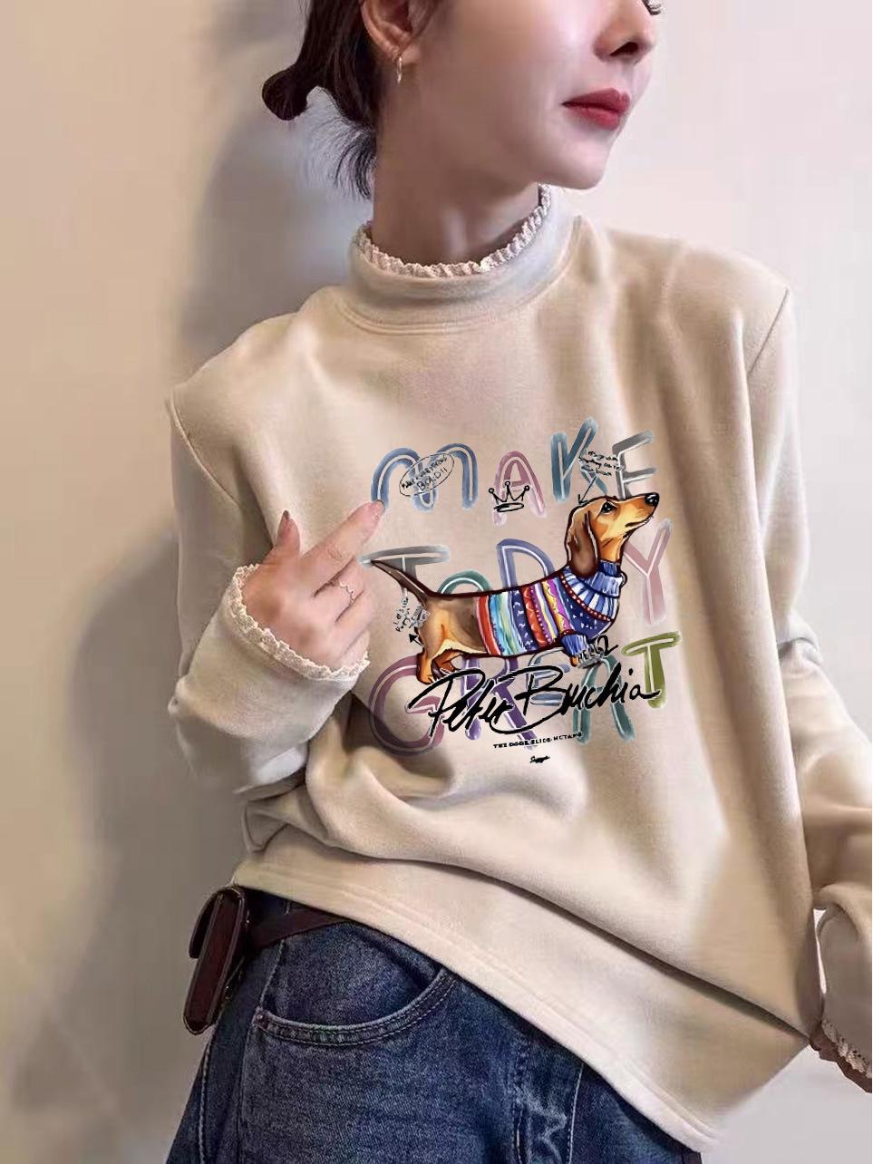 

Lace Collar Letter Print Velvet-Lined Long Sleeve T-Shirt for Women - 2025 Autumn/Winter Style Large миндальный/кремовый