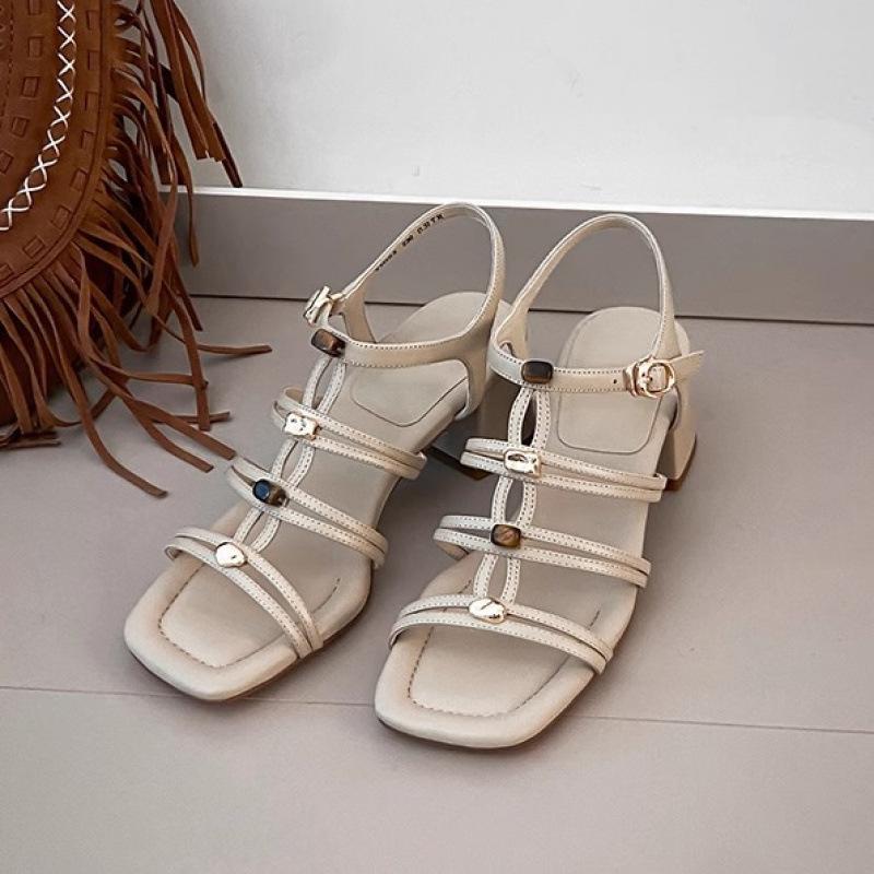 

Sheepskin version~ French temperament beaded woven thick heel square head open toe with Roman shoes women s summer high heel sandals 39