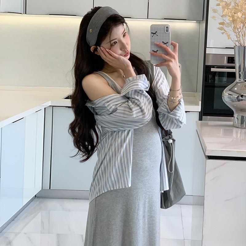 Spring Striped Maternity Outfit: Sun Protection Shirt & Long Skirt Set Medium