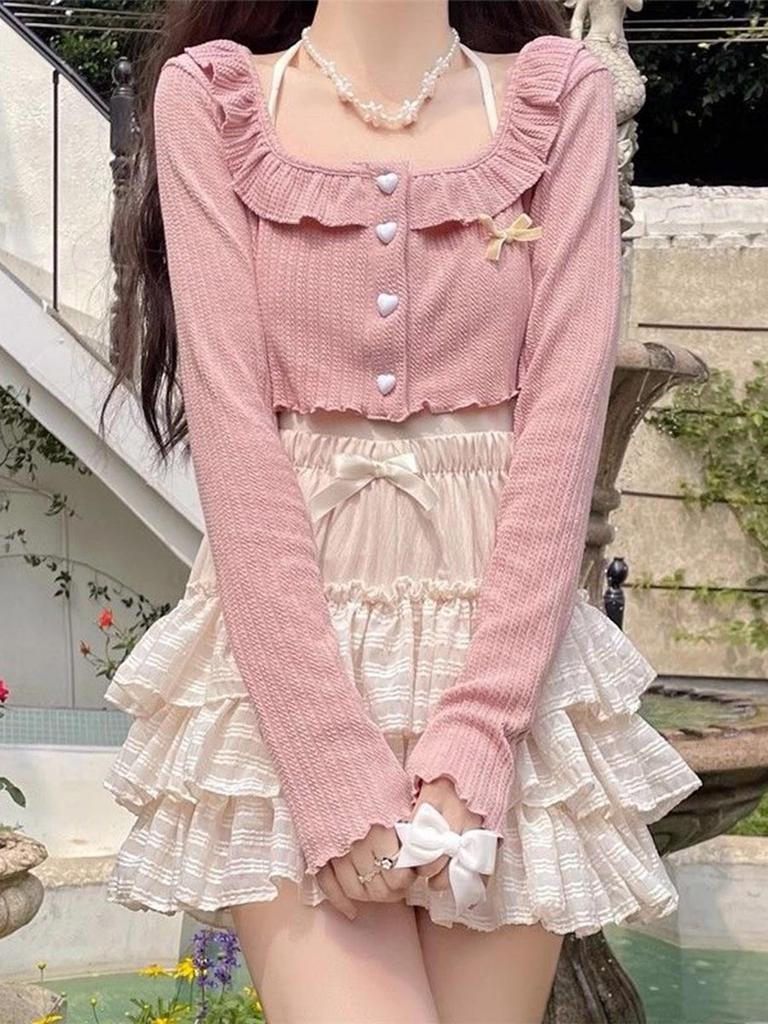 Lolita Bow Mini Skirt for Women Sweet Cute Ruffled Cake Skirt Lace Elastic Waist Casual Japanese Style Clothing