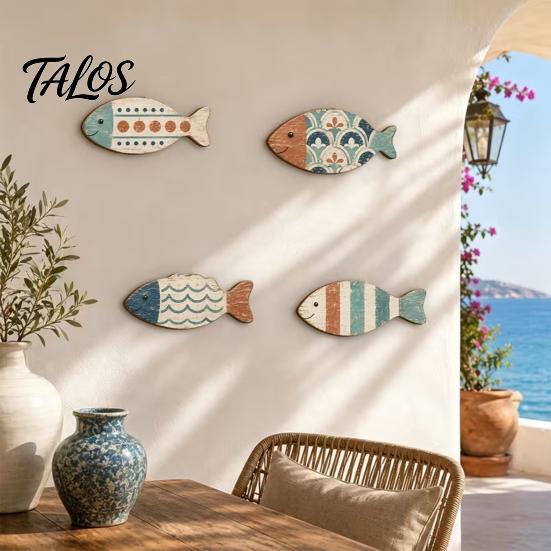 Ocean Theme Home Decor 4PCS Rustic Wooden Fish Wall Decor, Mediterranean Style Hanging Plaques, Blue Holiday Ornaments And Brown Finish Nautical