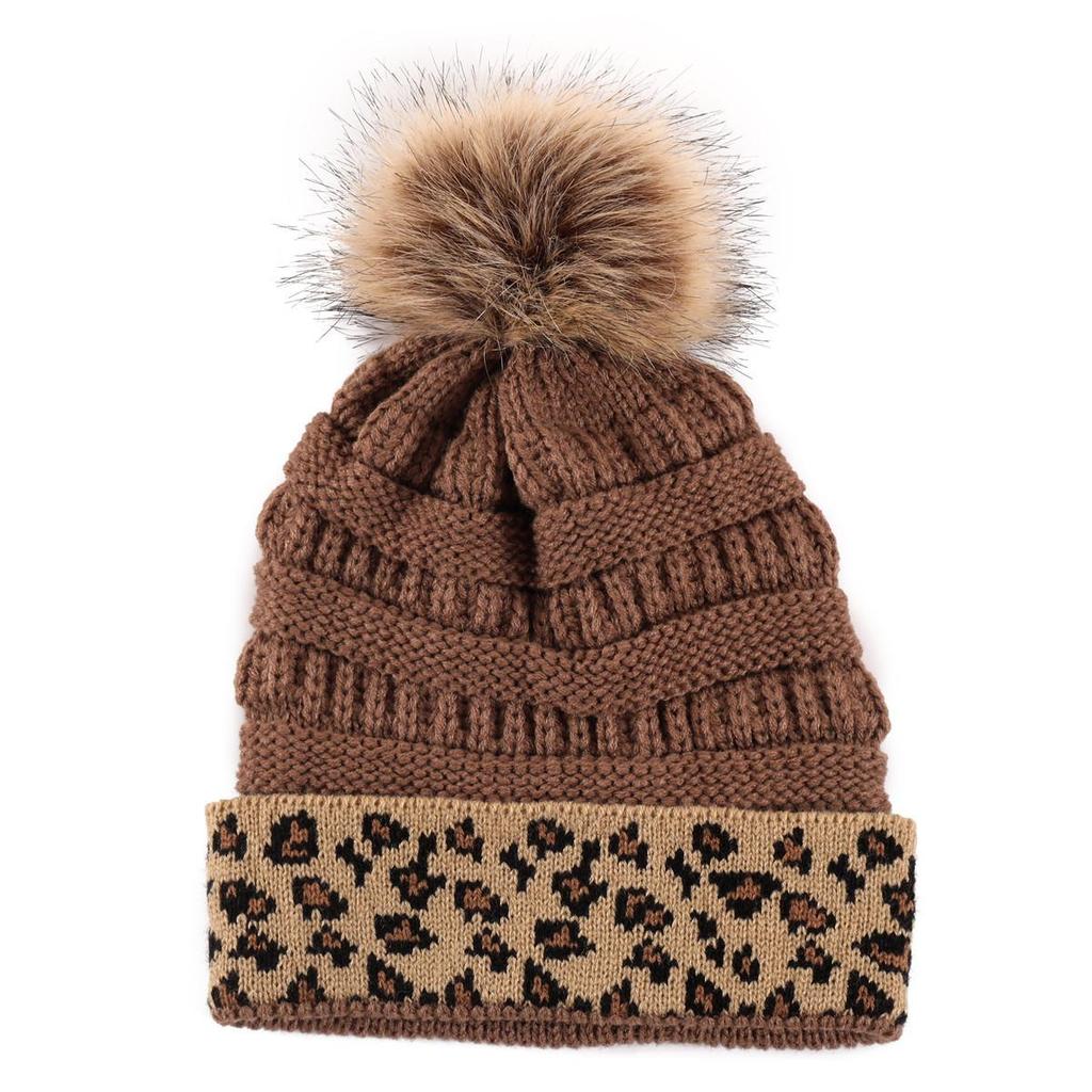 Fashion Winter Leopard Women's Hat Warm Knitted Beanies Cap For Women Girl Pom Pom Thick Lady Female Cap Hat With Hair Ball