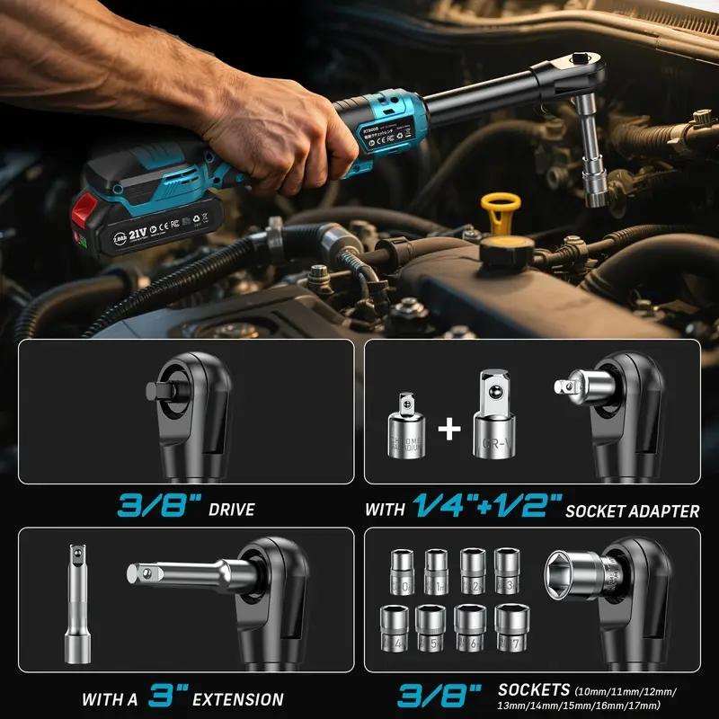 Seesii 6.3'' Extended Electric Ratchet Wrench 3/8" Cordless Electric Wrench 80Nm 21V  Rechargeable Angle Wrench Car Repair Tools
