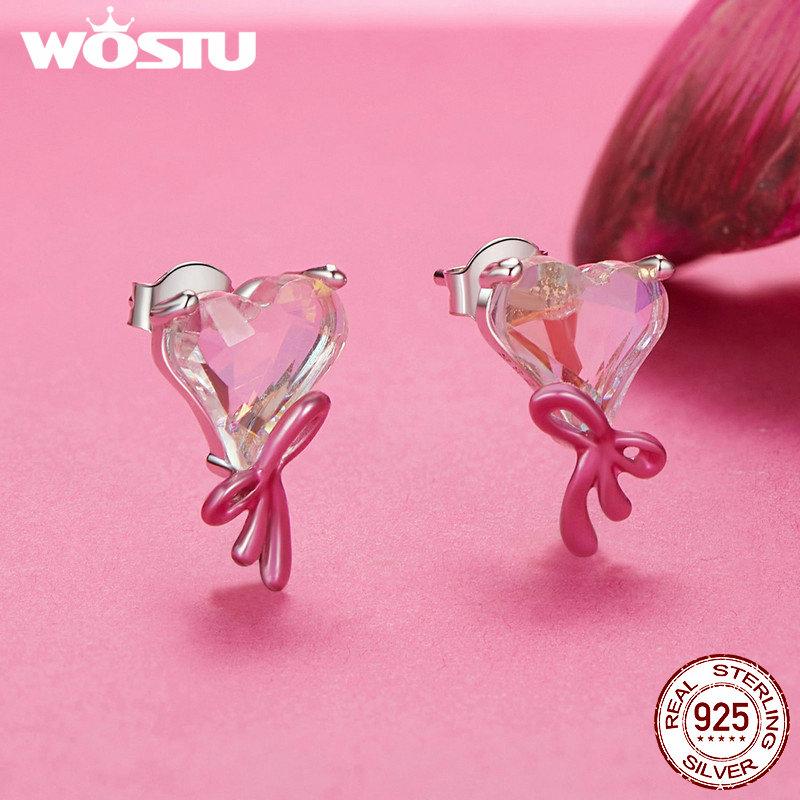 WOSTU 925 Sterling Silver Princess Pink Bow Heart Stud Earrings Women Lovely Crystal Pearl Ear Studs Girl Birthday Jewelry Gift