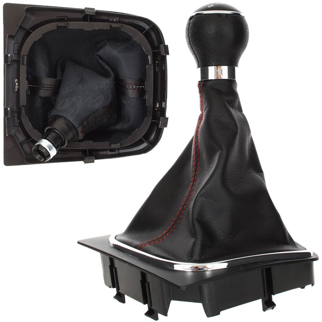 VW Golf V 03-08 Gear Shift Knob + Black Gaiter with Red Stitch and Chrome Frame, 5-Speed