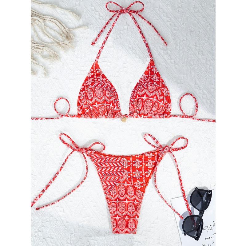 Women's Sexy Slim Fit Bikini Set, Tropical Print Halter Lace-up Triangle Swimsuit