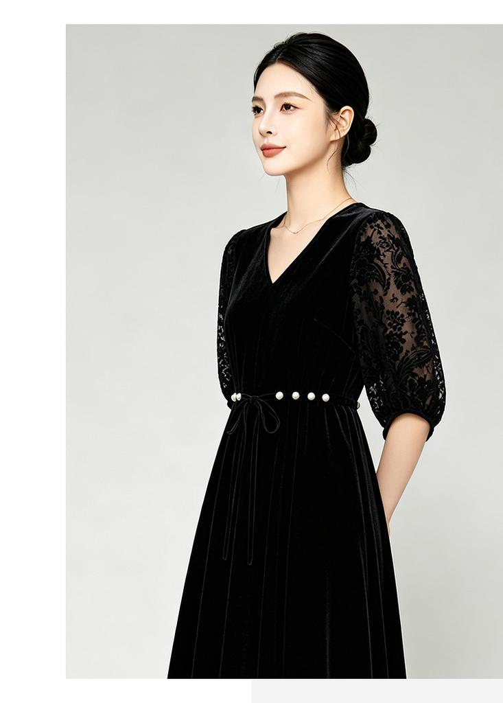 V-neck Velvet Waist Cinched Dress