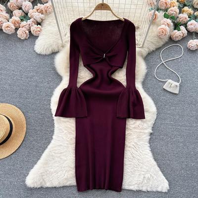 Vestido de malha sexy bodycon com decote em V e manga comprida, elegante e chique, moda outono feminina, vestido envolvente