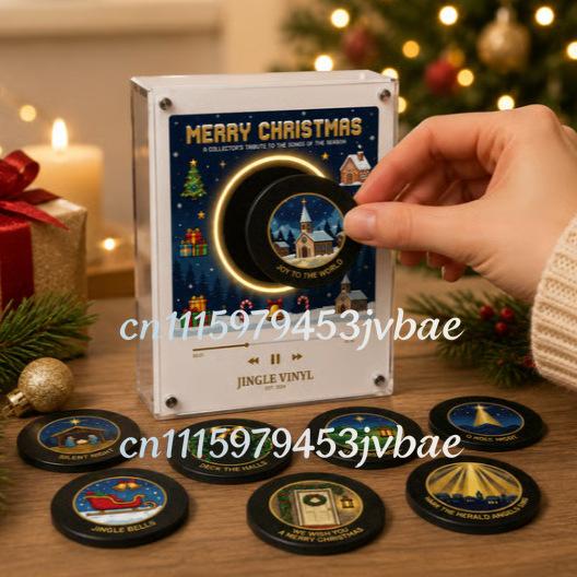 2026 Christmas Music Box Refrigerator Magnet Ambient Night Light Acrylic Music Player With 9 Replaceable Discs Fridge Ornament