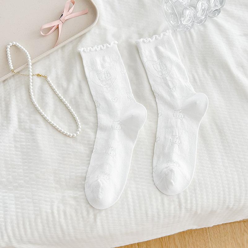 

Female Summer Thin Cartoon Kitten Hollow Mesh Breathable Cylinder Lace Boneless Pile Pile Cotton Socks 1 pair білий