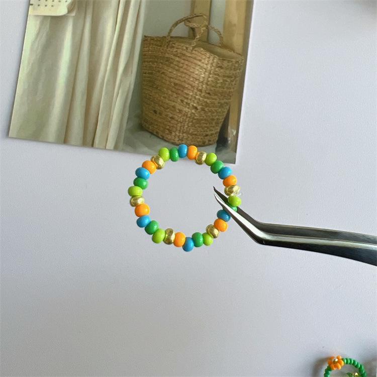 2025 Summer Macaron Color Beaded Flower Ring - Korean Porcelain Women's Jewelry
