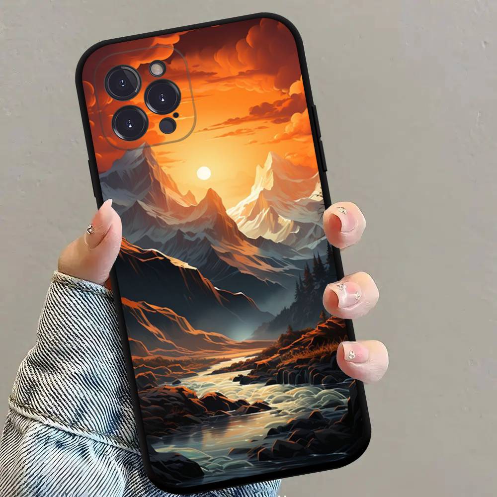 Landscape Painting Square Matte Silicone Case For Iphone17 Air 16 15 14 13 12 11 Pro Max Plus Matte Basic Cover Case