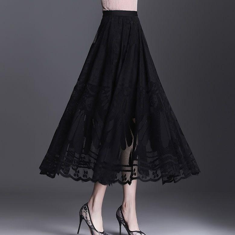 Ele Long Lace Hem A-Line Skirt High Waist Pleated Netting Fairy Sle Women's Faionable Midi Skirts Autumn Collection