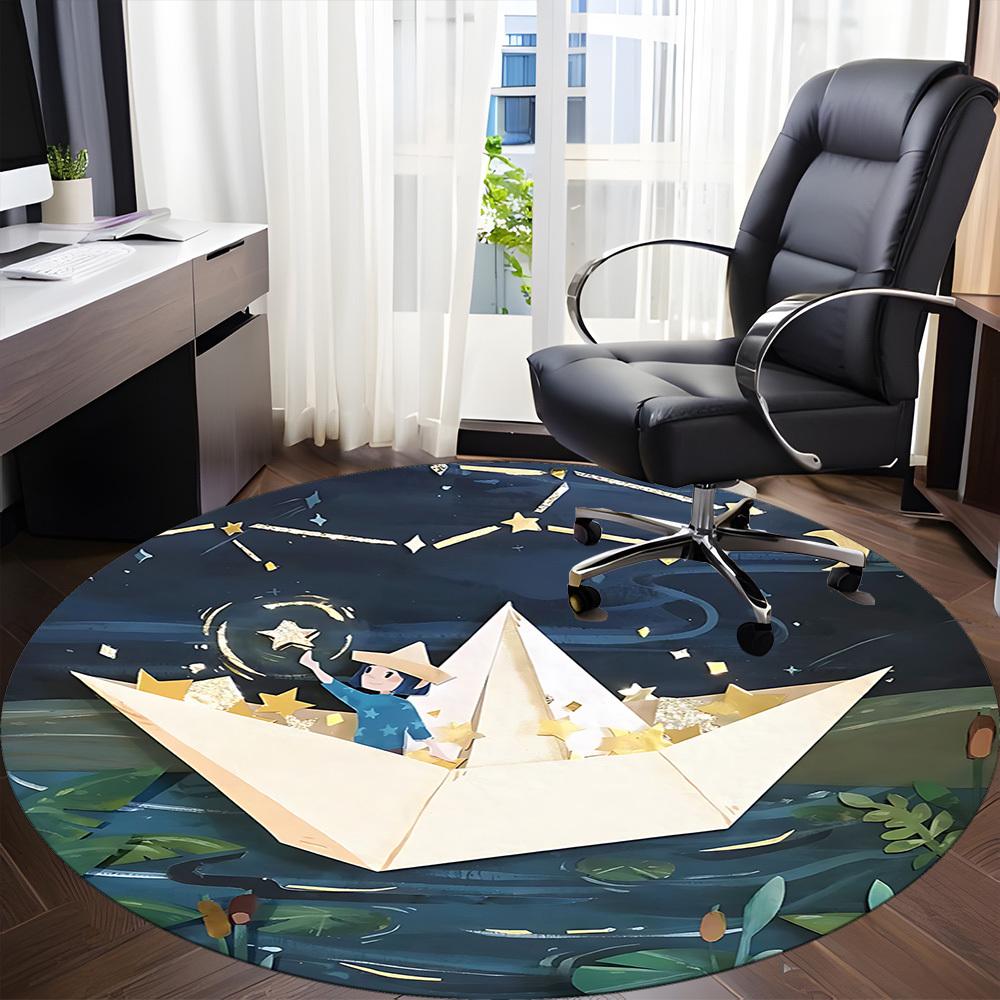 1pc Paper Boat Night Office Round Area Rug, Indoor Mat Suitable For Office, Under Office Chairs Bedroom Living Room Home Decor, Room Deco