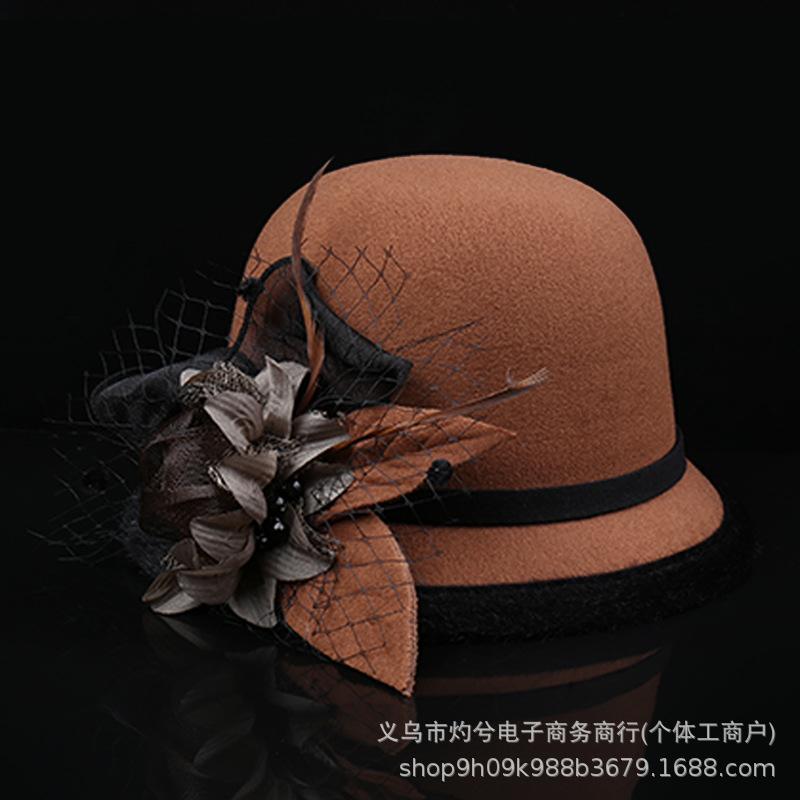 Autumn and winter woolen hat British retro top hat women's dome fashion hat pot hat flower decoration literary and retro