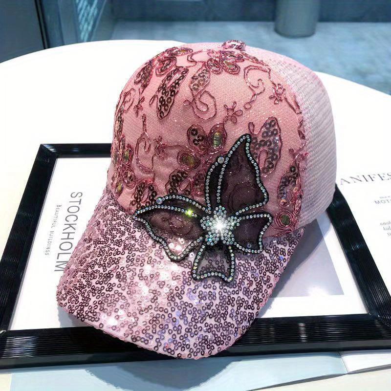 Sequin Baseball Cap for Women and Men, Summer Mesh Back, Rhinestone Butterfly, Fashion Sun Hat, Universal for Men and Women, Short Brim
