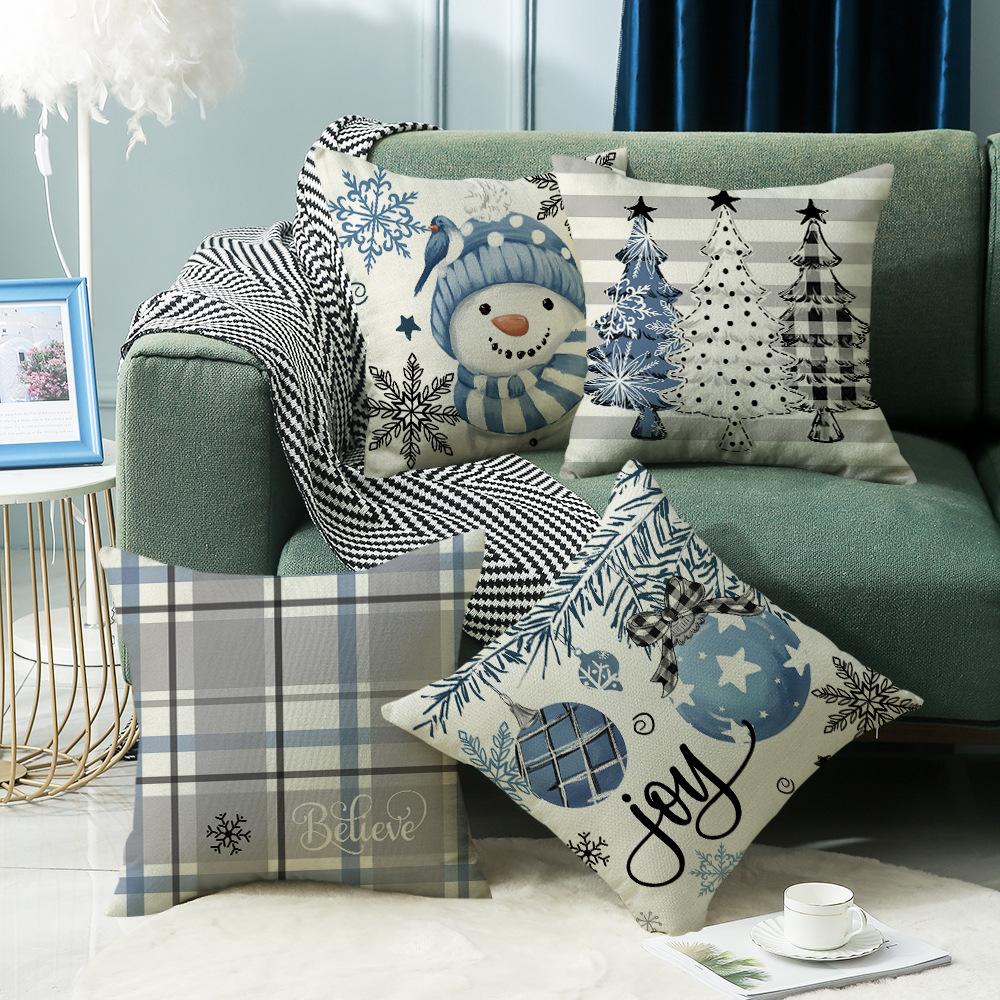 Blue Little Snowman Snowflake Element Festive Warm Atmosphere Pillowcase Linen Print Pillow Bedroom Bedside Mat