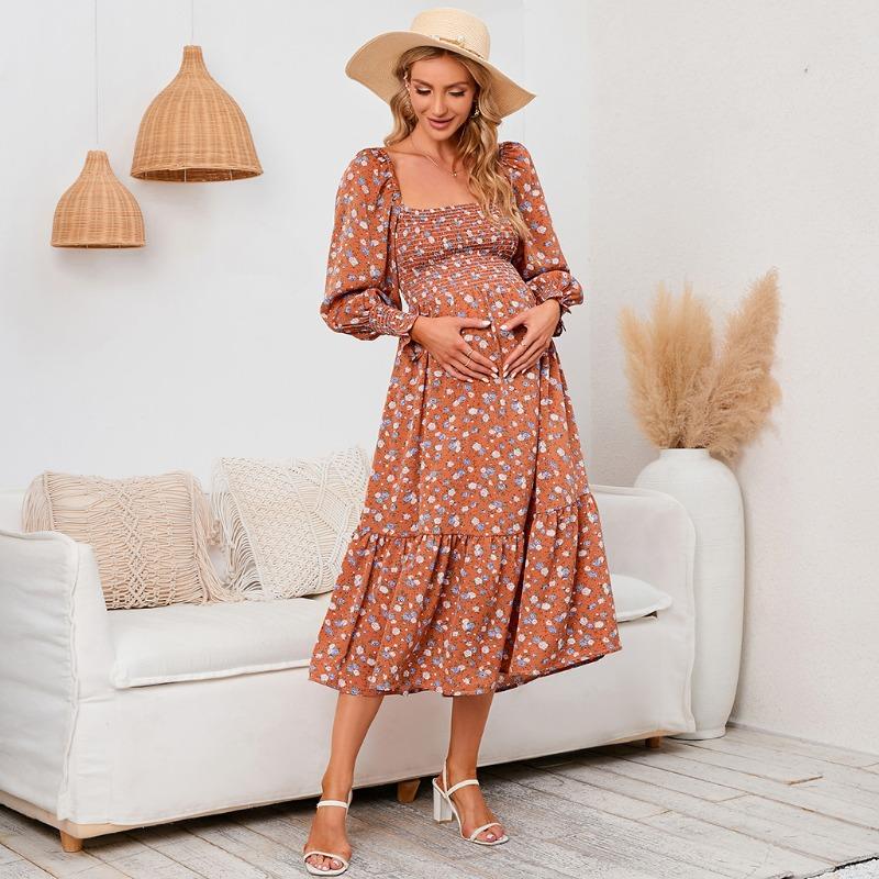 YYFS Women's Fashion Spring Fall Flower Pattern Print Long Sleeve Square Collar Loose Waistline Casual Dresses