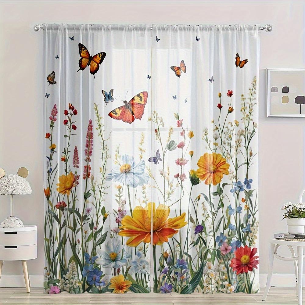 2 Stück Blumige Schmetterling-Gardinen Gelbe Blüten Stangentasche Leichte Polyester für Wohnzimmer Schlafzimmer Sichtschutzvorhang