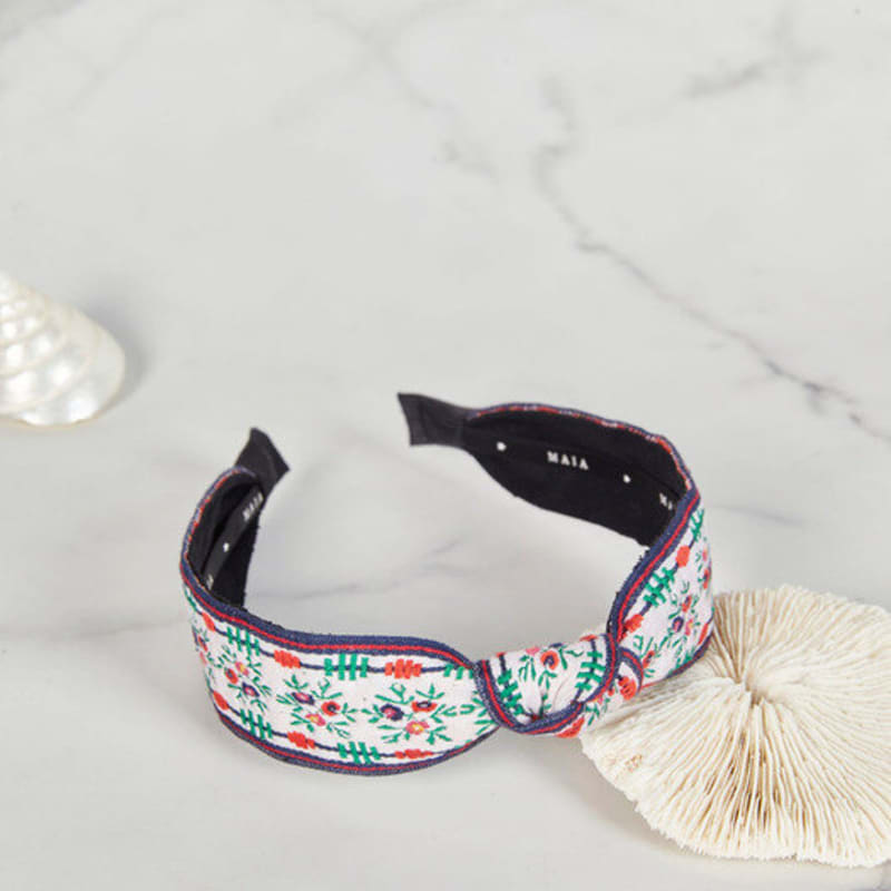 MAIA Grünes Blumen-Jacquard-Haarband - Geknotet Weiß-Grün