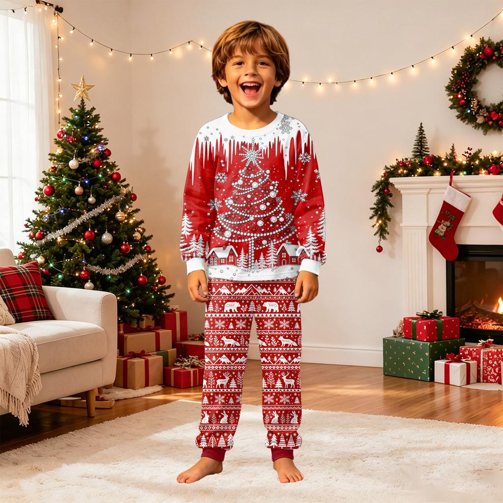 Family Matching Christmas Pajama Set, Round Neck Long Sleeve Top and Pants for Kids and Adults, Holiday Loungewear
