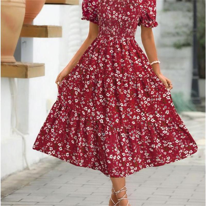 Women's Square Collar Waist Printed Dress S-XXXL