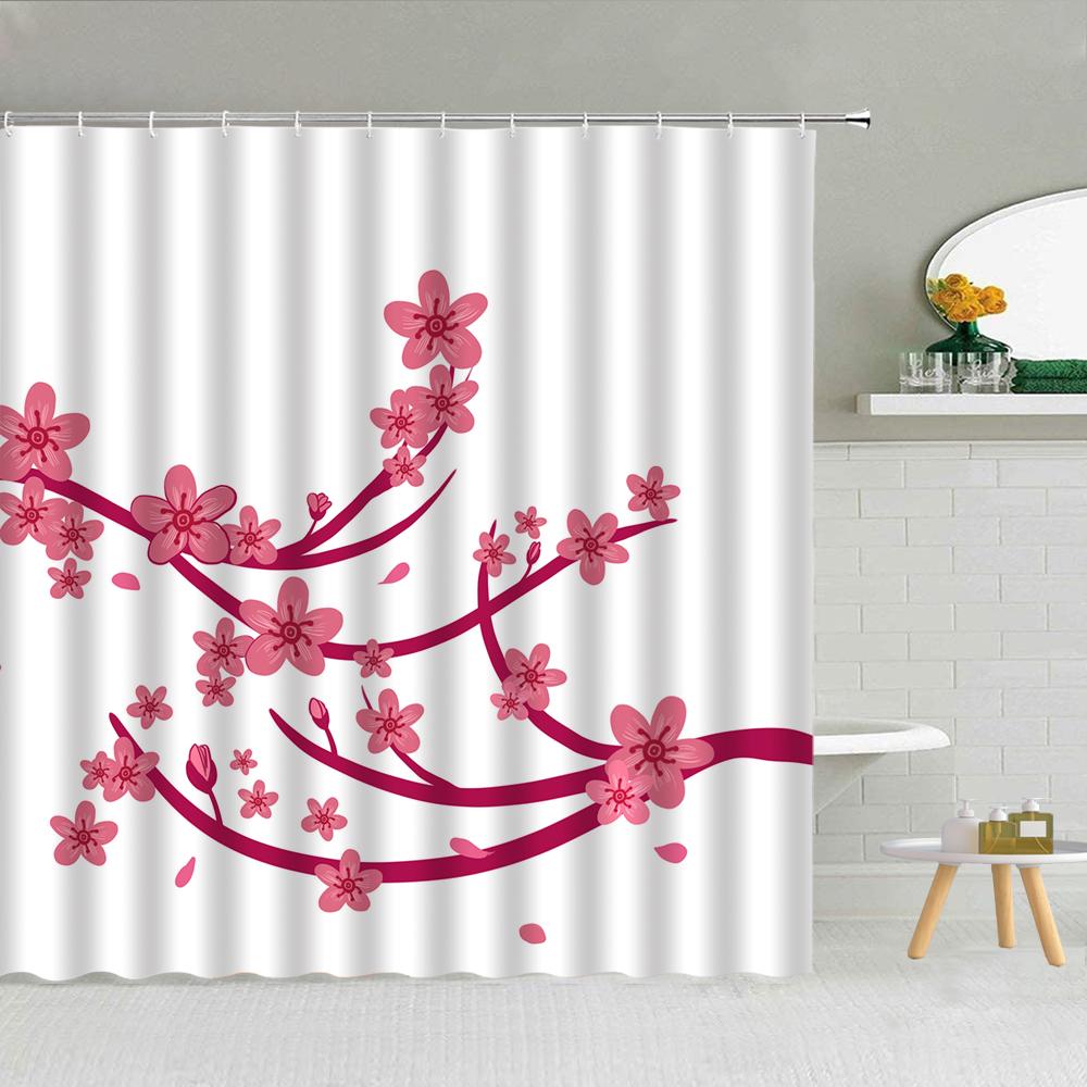 Floral Shower Curtain, Spring Nature Theme Cherry Blossom Bathroom Decor Polyester Fabric Waterproof Bath Curtain with Hooks
