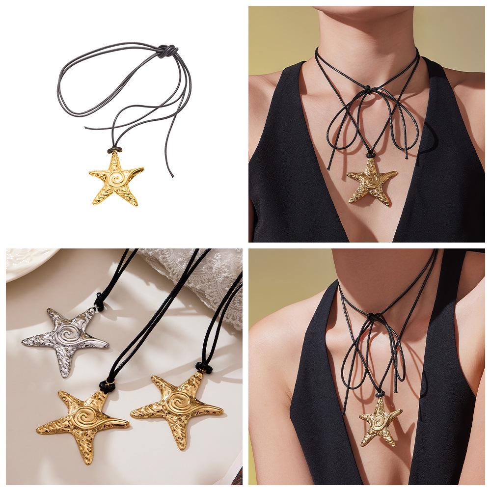 Oumaijia 18k Guldpläterad Sjöborre Hänge Halsband med Svart Läderhalsband - Europeisk och Amerikansk INS Stil.