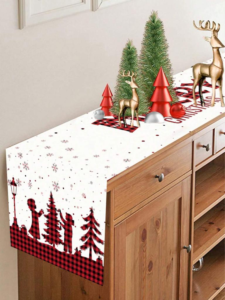Christmas Table Runner, "Merry Christmas"Buffalo Plaid & Snowflake Print, Festive Table Decor for Xmas Dinner Party & Home Decor