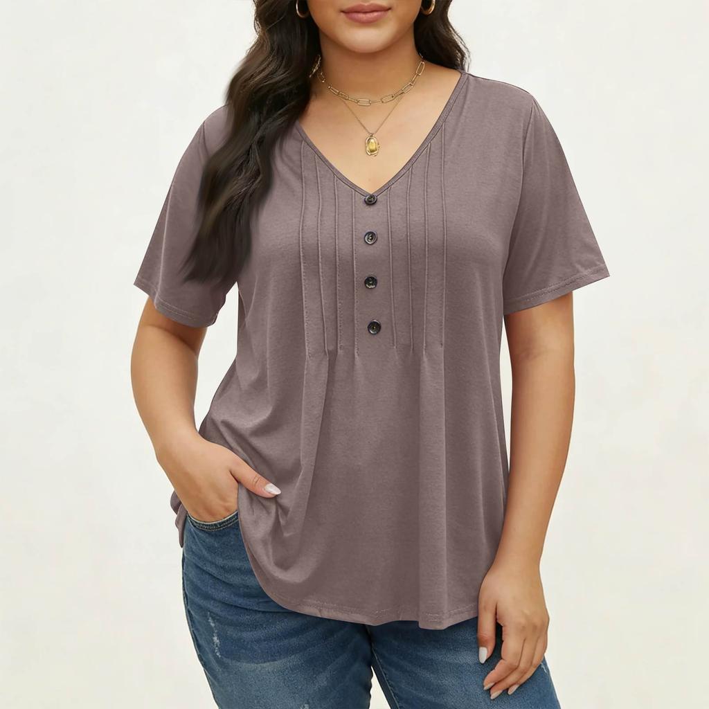 Women's Plus Size Fashionable Casual Loose-Fit V-Neck Button-Down Short-Sleeve Top