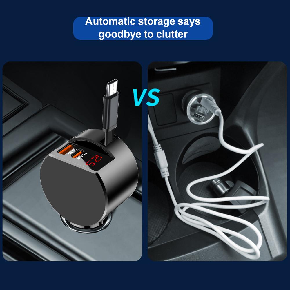 Car Charger Super Fast Charge Flash Charging with Telescopic Cable Voltage Detection 3 In 1 Car Charger USB Type C Ports Adapter