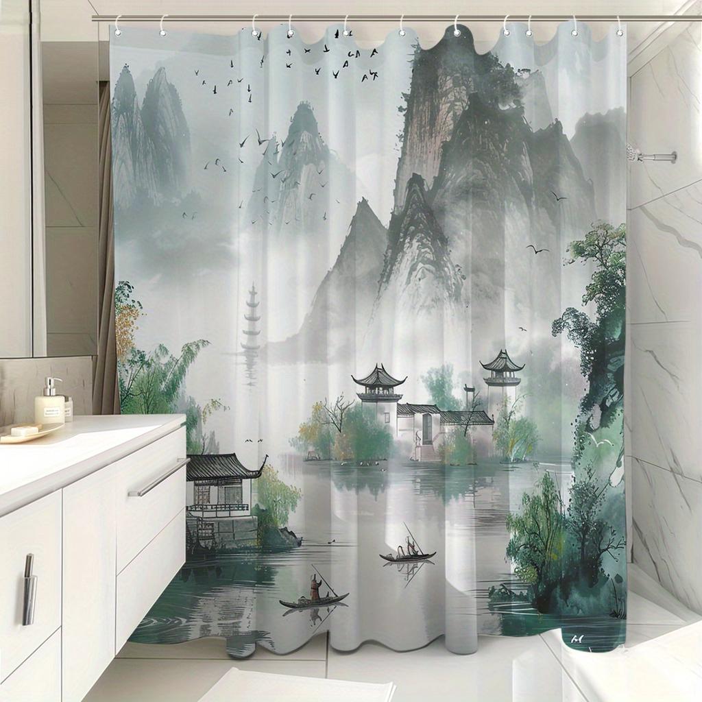 71x71" Water-Resistant Polyester Shower Curtain - Chinese Ink Landscape, Machine Washable, 12 Hooks, Asian Art Design