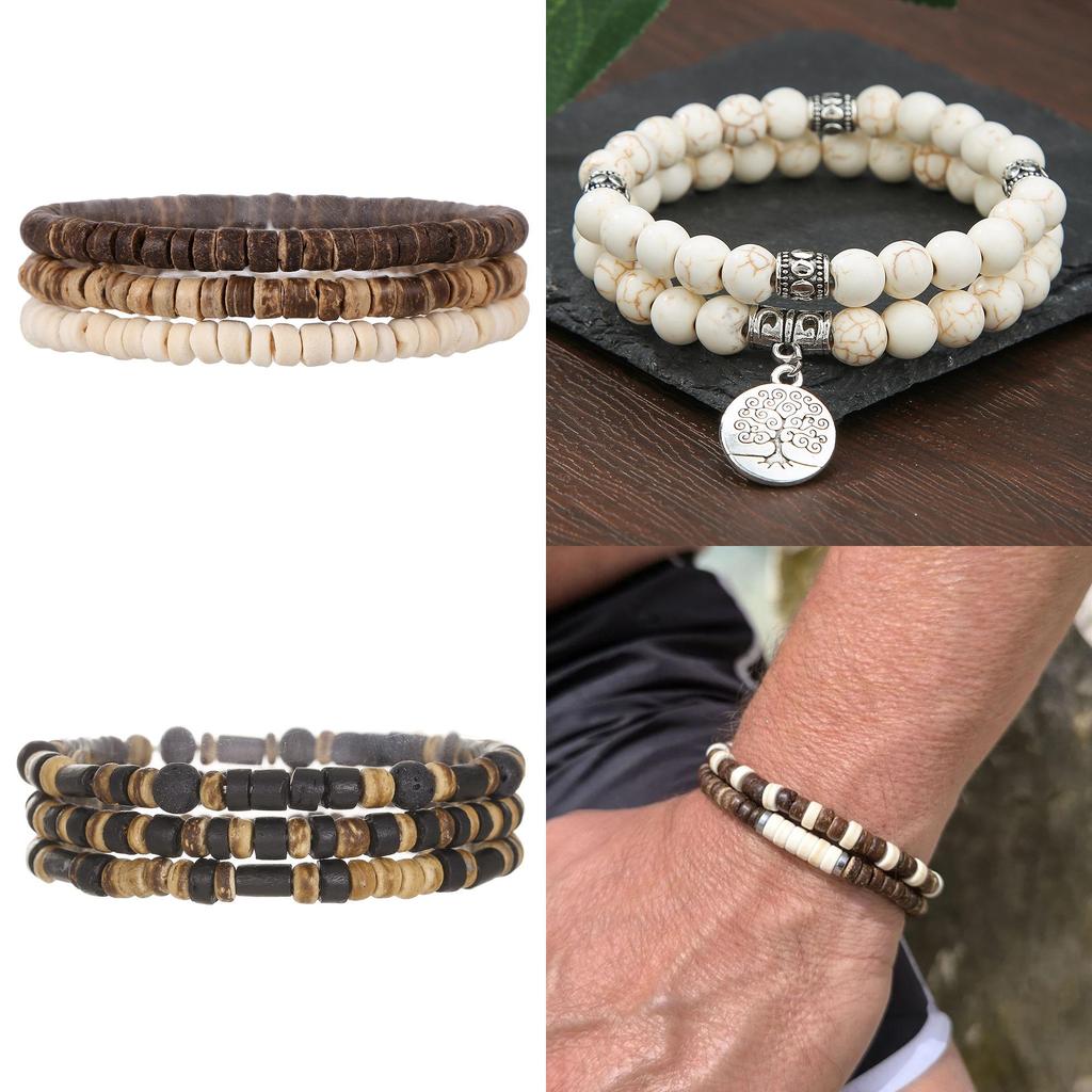 Mehrschichtiges, stapelbares Armband-Set aus Holzperlen für Damen und Herren im handgefertigten afrikanischen Türkis-Stil