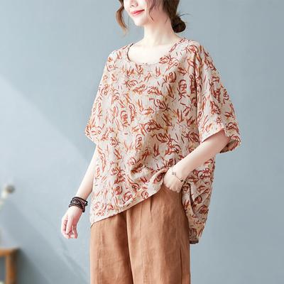 Damen Bluse aus Baumwollleinen, Übergröße, Oberteile, kurzärmelig, Rundhalsausschnitt, lässig, übergroß, Blumenmuster