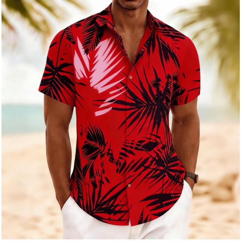 Men's Palm Leaf Print Short Sleeve Shirt, Spring Summer Artistic Hawaiian Vacation Blouse, Loose Casual Top