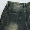 Men's Studded Distressed Denim Shorts, Camo Hem Drawstring Hip Hop Street Knee Length Shorts
