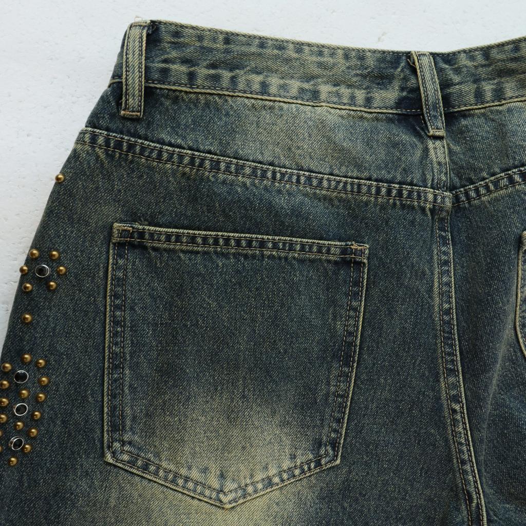 Men's Studded Distressed Denim Shorts, Camo Hem Drawstring Hip Hop Street Knee Length Shorts
