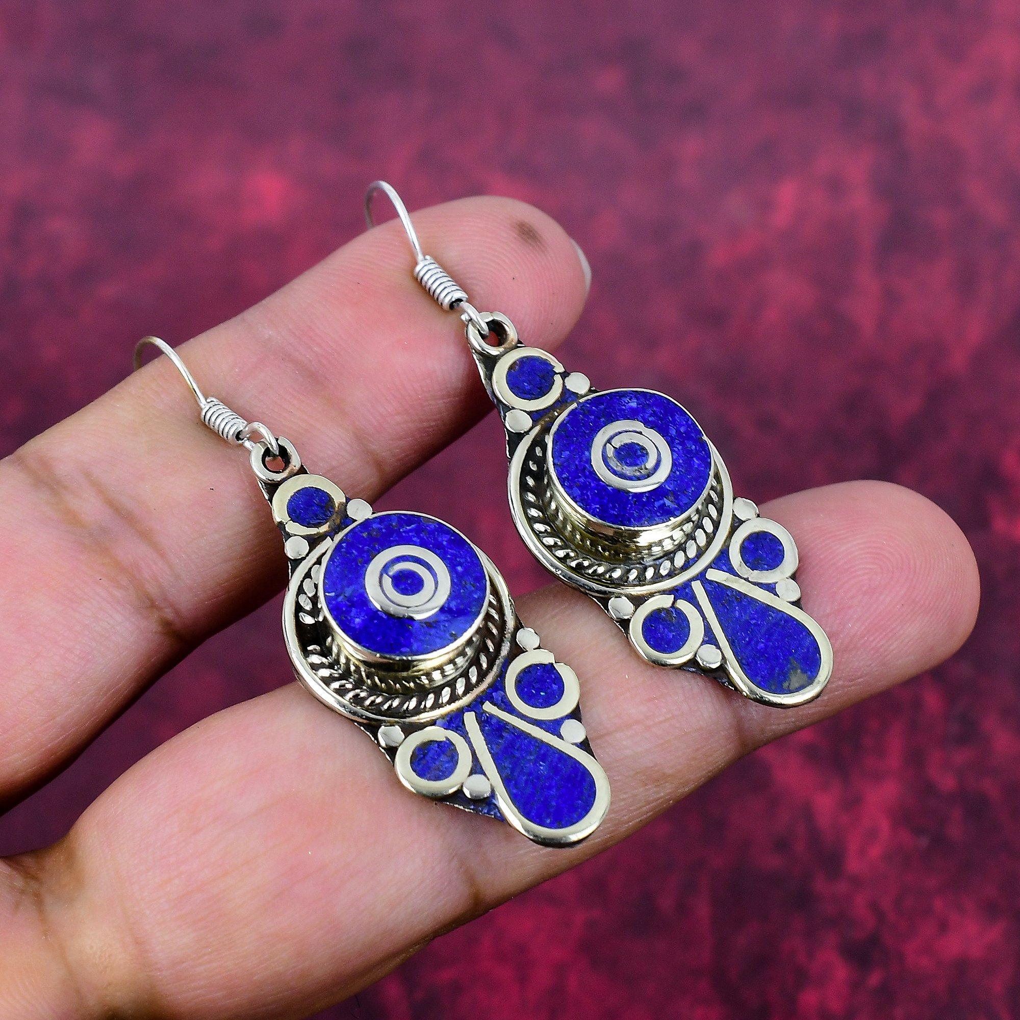 

Lapis Lazuli 925 Solid Sterling Silver Nepali Earrings, Handmade Gemstone Earrings Jewelry, Gifts For Wife Brand New Earrings 2.16 Inches