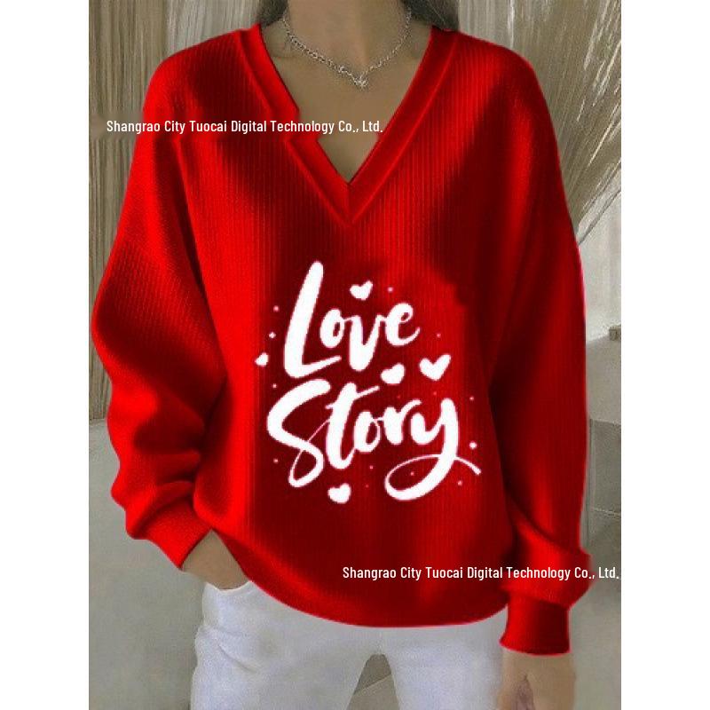 2025 3D Print V-neck Knit Pullover: Versatile Loose Fit Sweater for Autumn/Winter