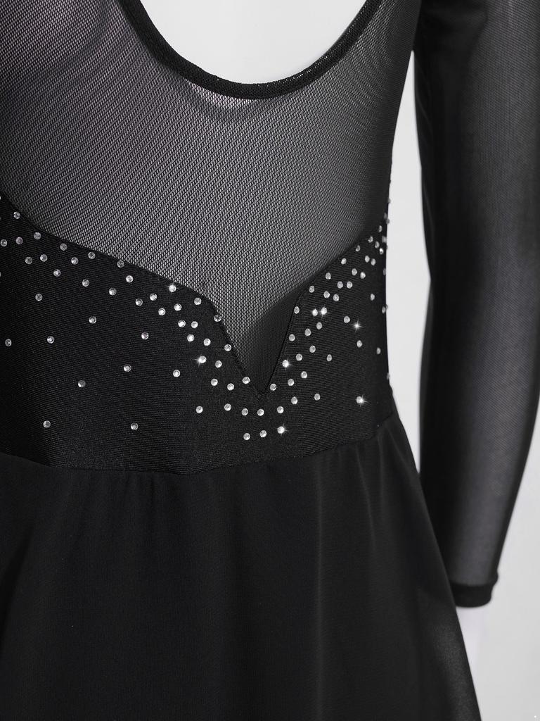 Girls Shiny Rhinestone Dance Leotard Sheer Mesh Long Sleeves Keyhole Back Opening Figure Ice Skating Ballet Dress