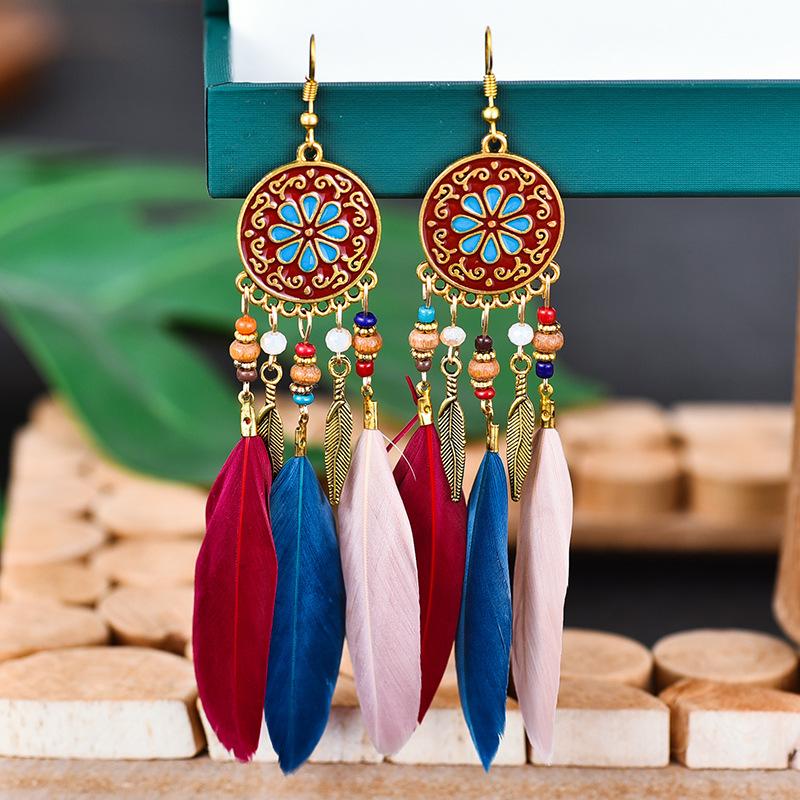 Bohemian Long Sun Flower Feather Earrings for Women Trendy Ethnic Retro Gold Color Chain Tassel Earring Wedding Vacation Jewelry