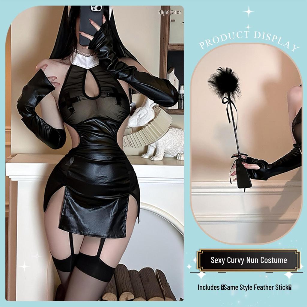 Golden Night Sexy Lingerie Nun Costume with Chest Enhancing Hip-Hugging Nightgown
