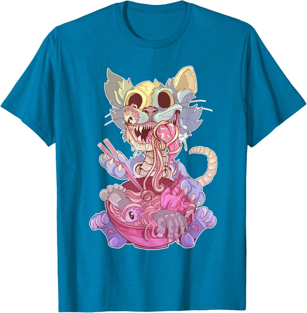 Zombie Cat Ramen Graphic Tee Kawaii Goth Weird Illustration T-Shirt For Men Casual