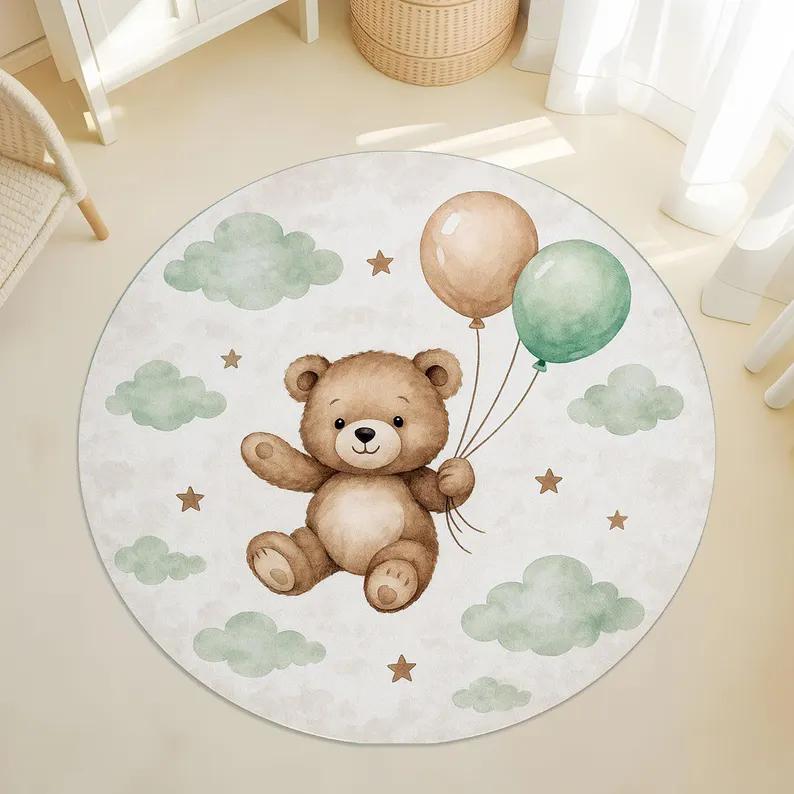 Cute Cartoon Bear Round Carpet Star Cloud Non Slip Floor Mat Parent-child Activity Rug For Kids Bedroom Living Room Home Decor