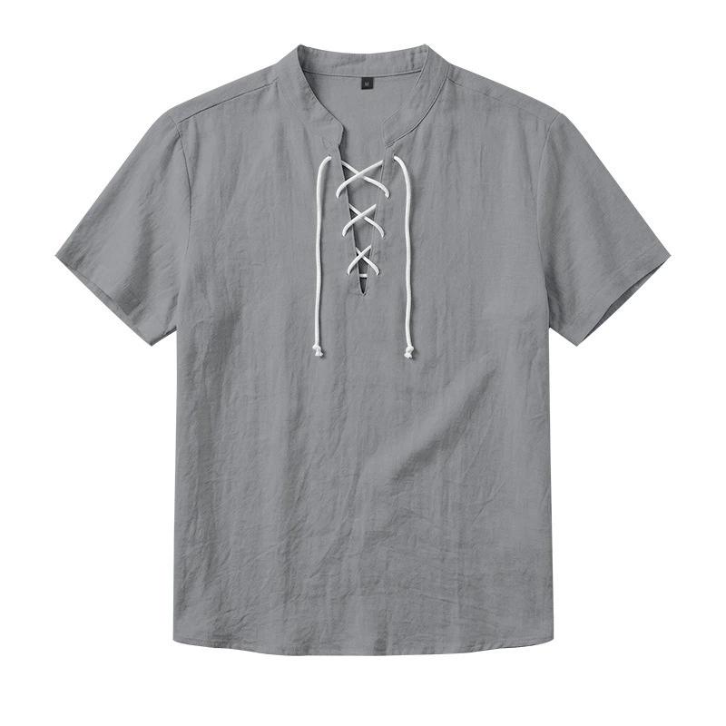 Men's Linen‑Blend Lace‑Up Stand‑Collar Shirt, Crisscross Tie Front V‑Neck, Short Sleeve, Breathable Relaxed‑Fit Medieval Renaissance Casual Summer Top