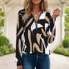 Women Plus Size Front Zip Round Neck Long Sleeve Abstract Printed T Shirt Black White Khaki