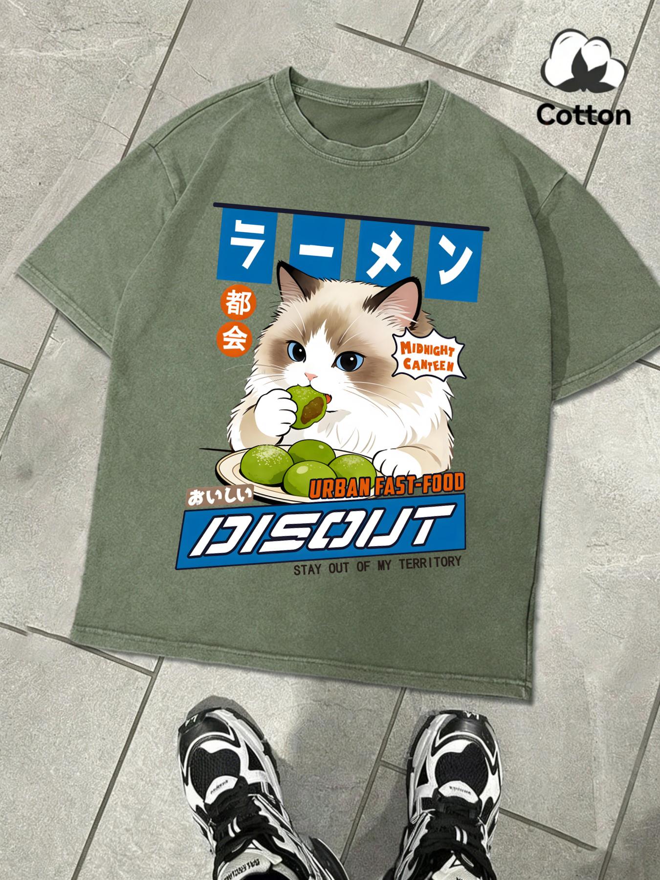 

Puppet Cat That Likes To Eat Meatballs Printed Retro TShirt Man Cotton Breathable Tee Soft Snow Wash Clothing Unisex Colour Top S